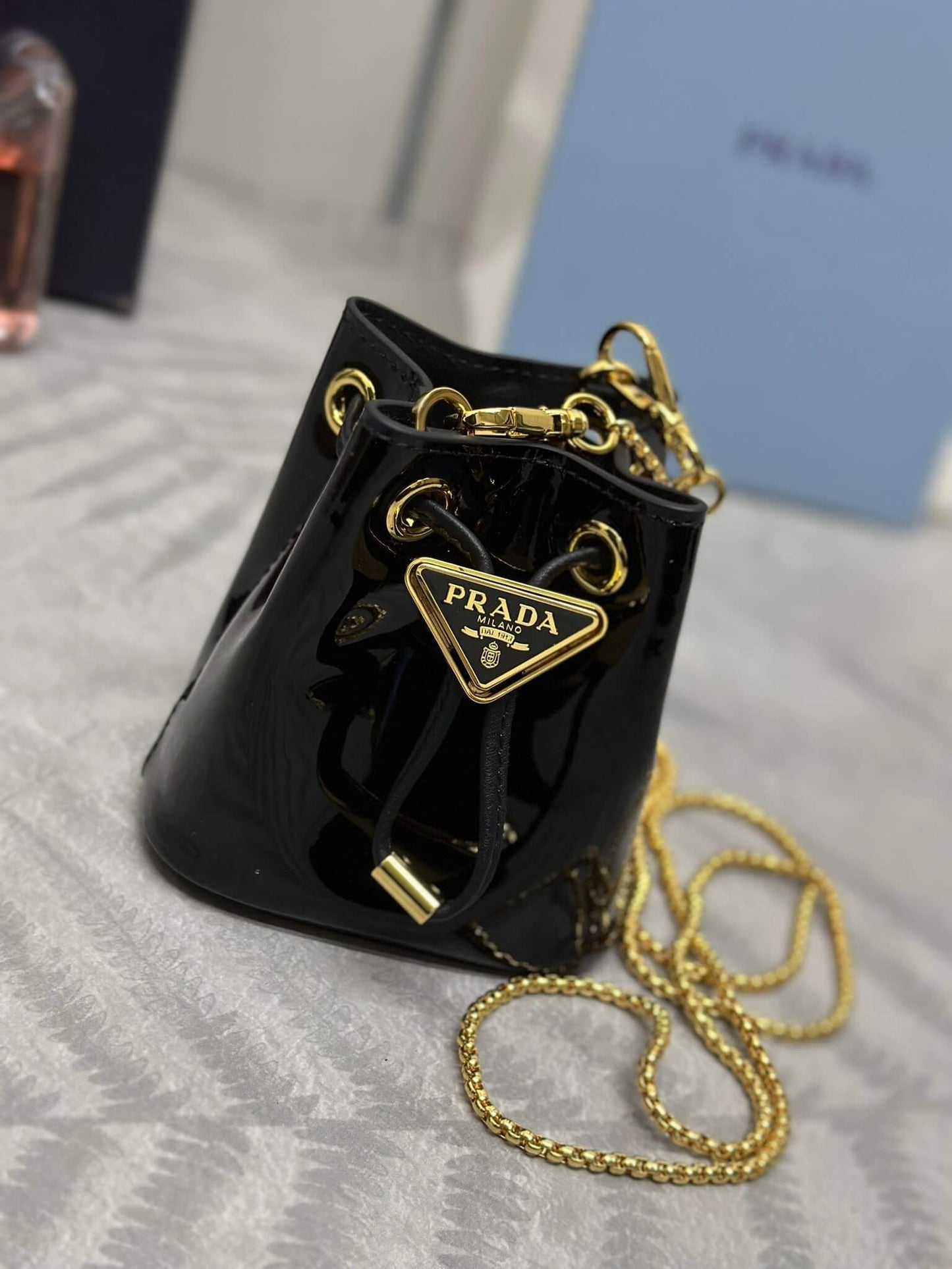 Prada Logo-Plaque Mini Bag Black Patent Leather GHW