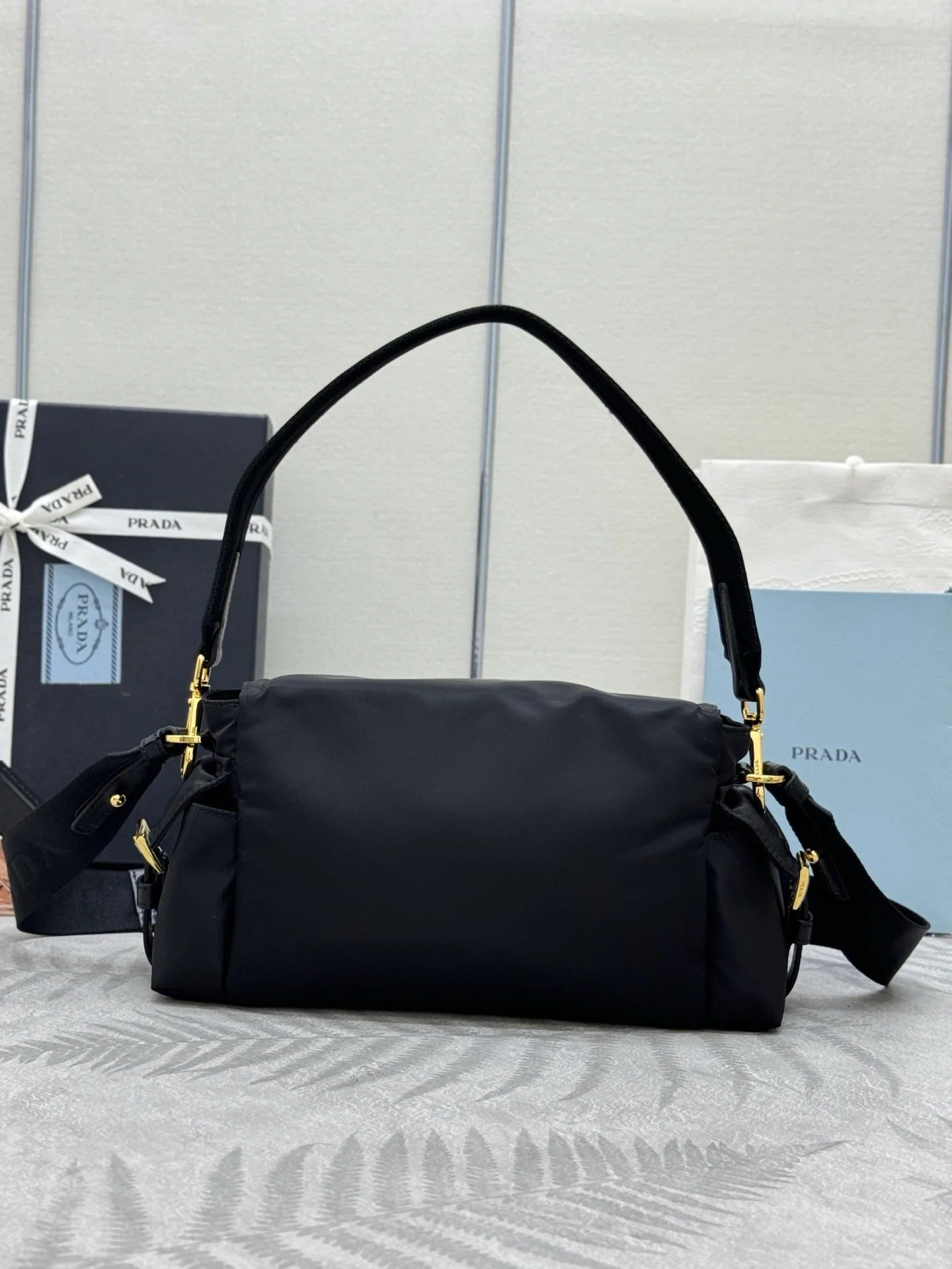 Prada 2026 Explore Shoulder Bag 30cm With Flap Black Re-Nylon