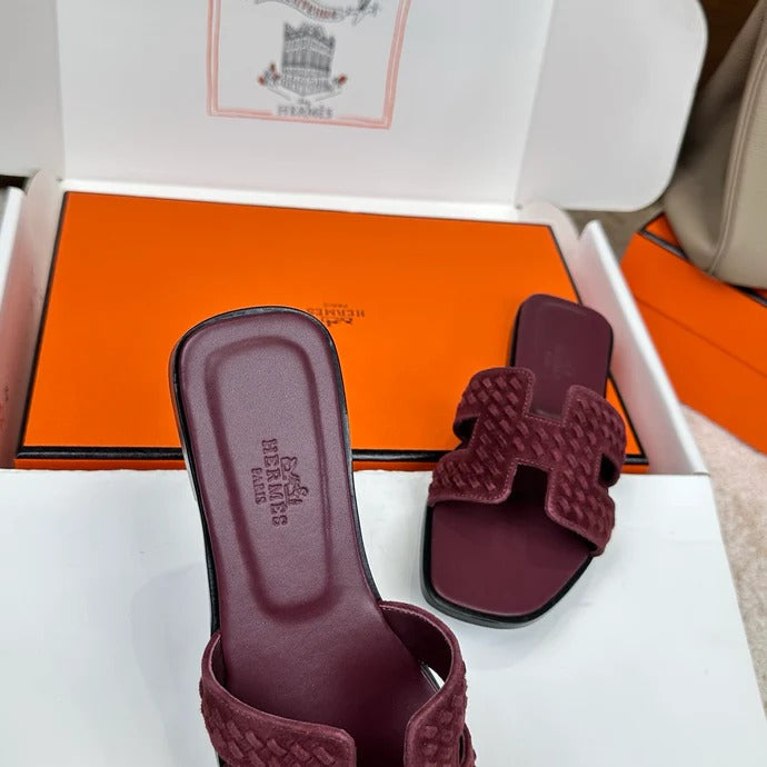 Hermes 2026 Oran Sandal Burgundy Velvet Leather 598224