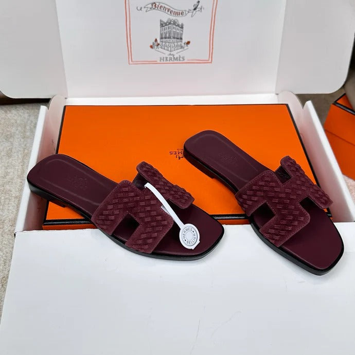 Hermes 2026 Oran Sandal Burgundy Velvet Leather 598224