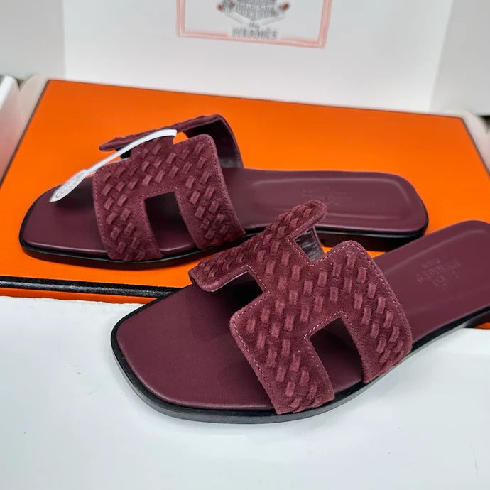 Hermes 2026 Oran Sandal Burgundy Velvet Leather 598224