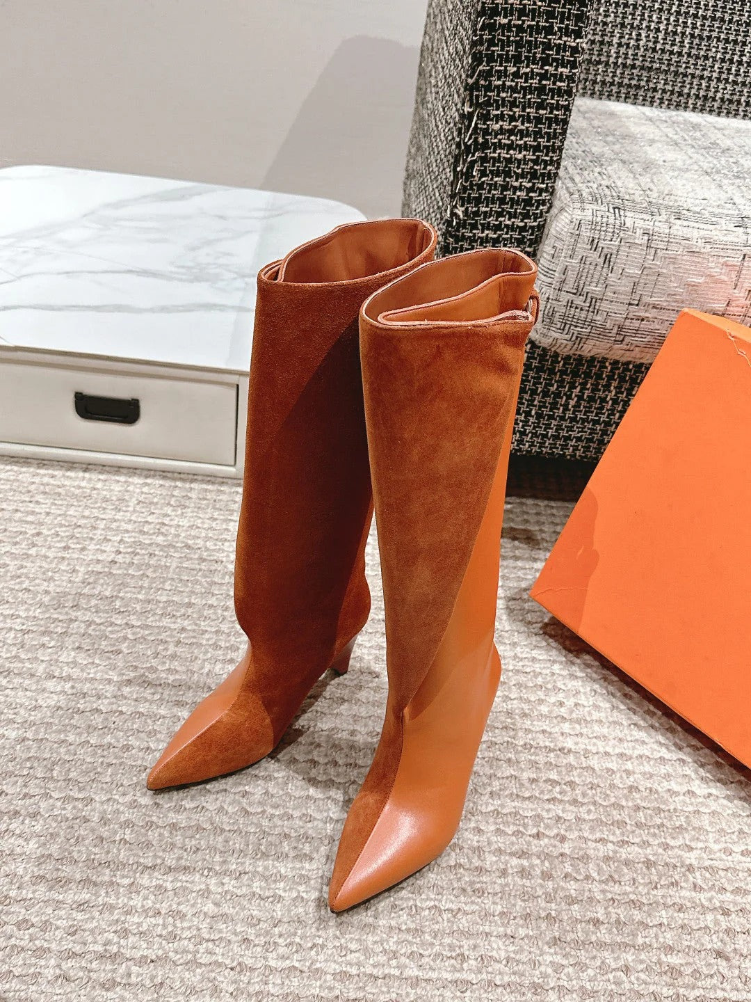 HM HILONA 6 CM BOOTS IN BRONZE BROWN CALFSKIN AND SUEDE