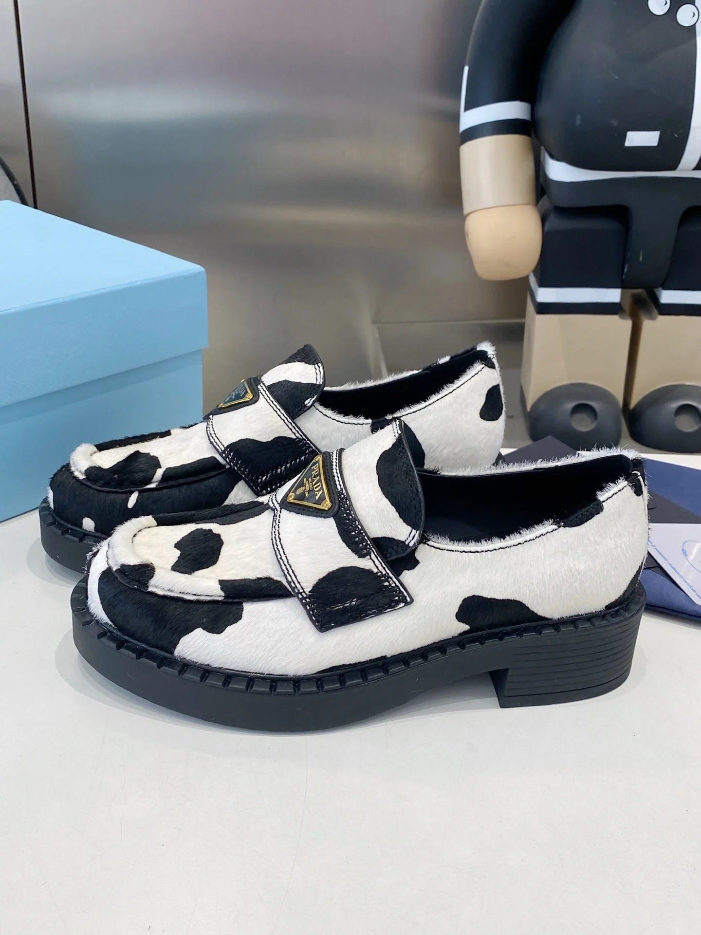 PRA 26S Platform Loafers Black White Cow Print Leather 628561
