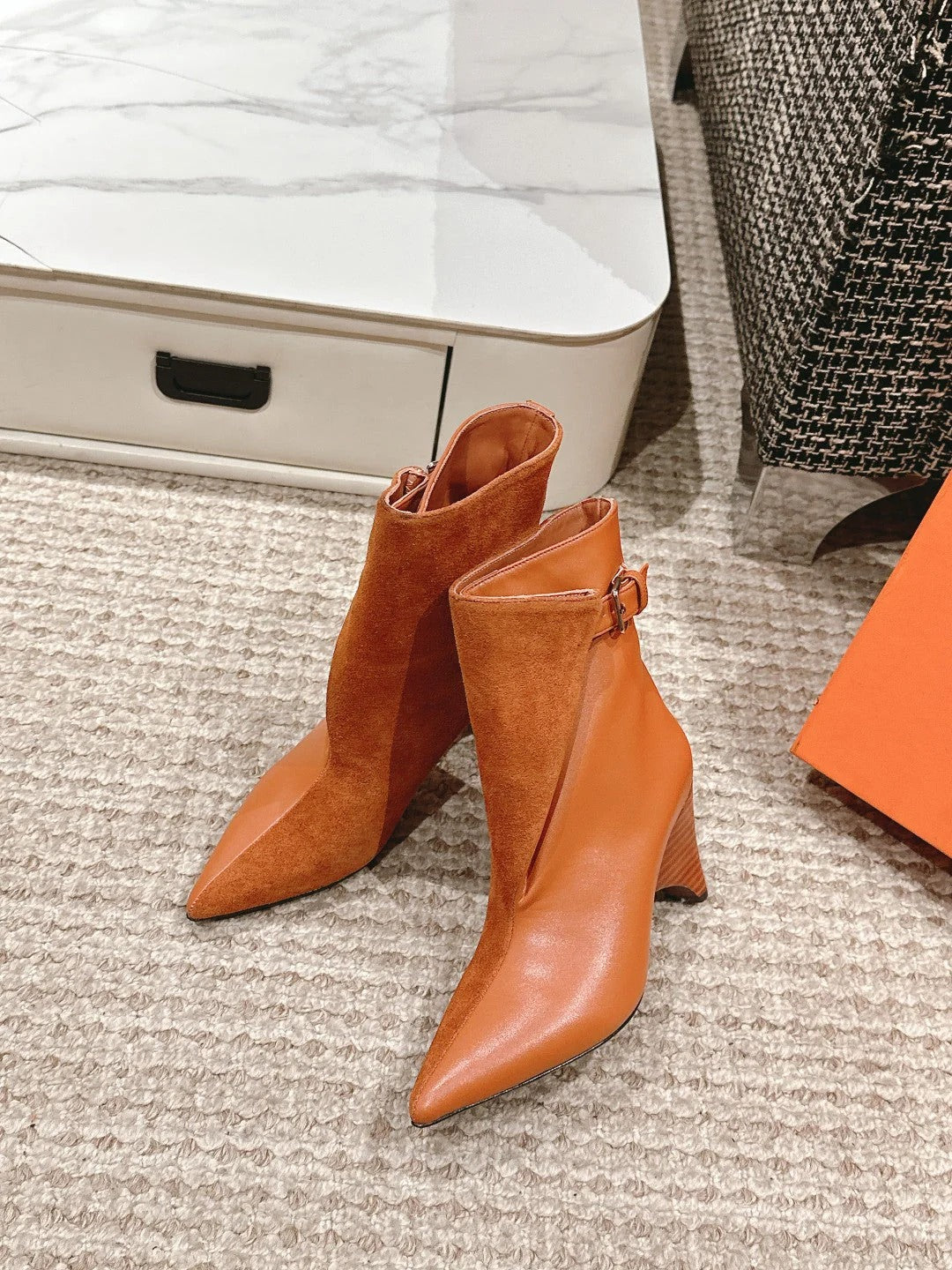 HM HILONA 6 CM ANKLE BOOTS IN BRONZE BROWN CALFSKIN AND SUEDE