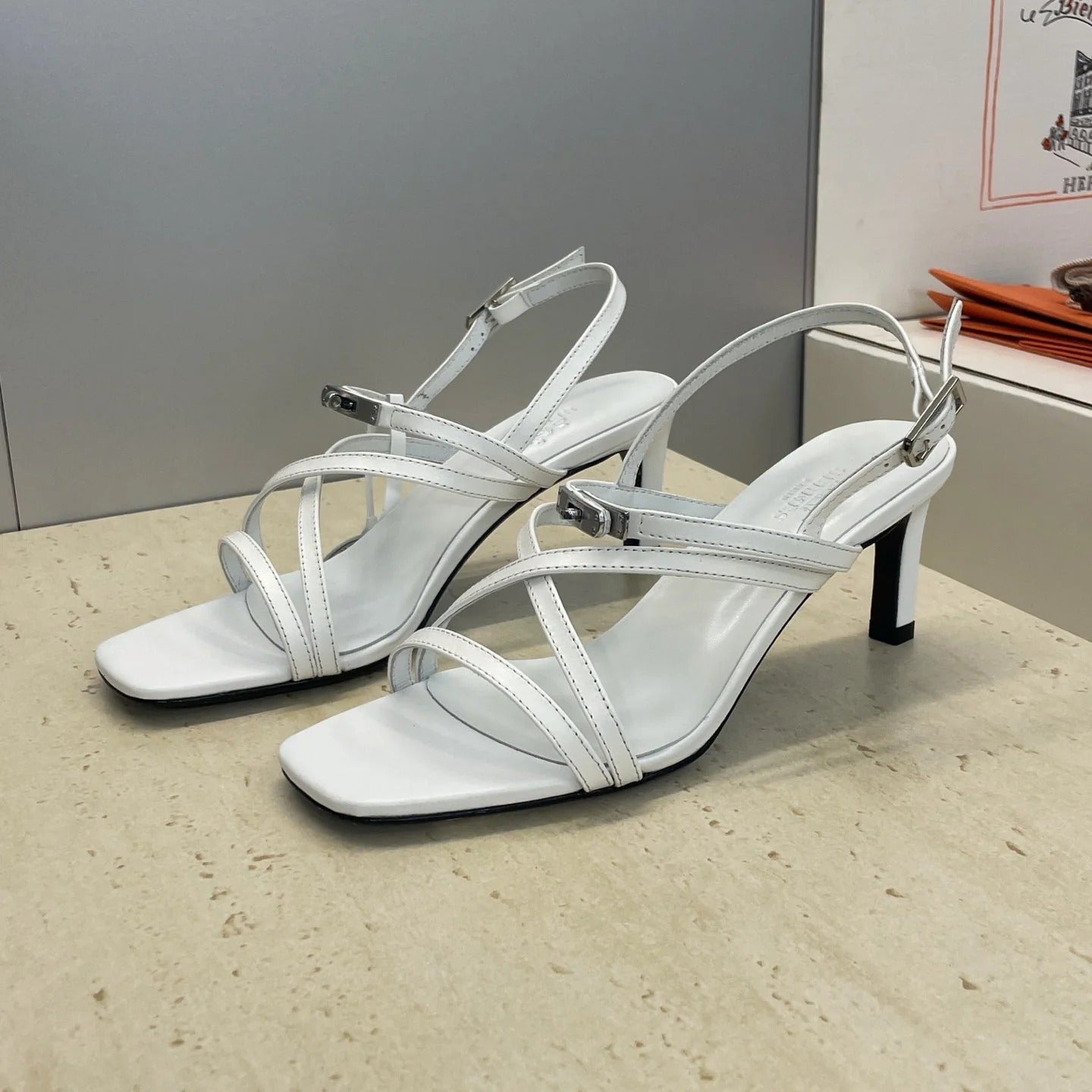 HM 26ss Kelly Sliver Buckle Sandals 65 White Calfskin 607168
