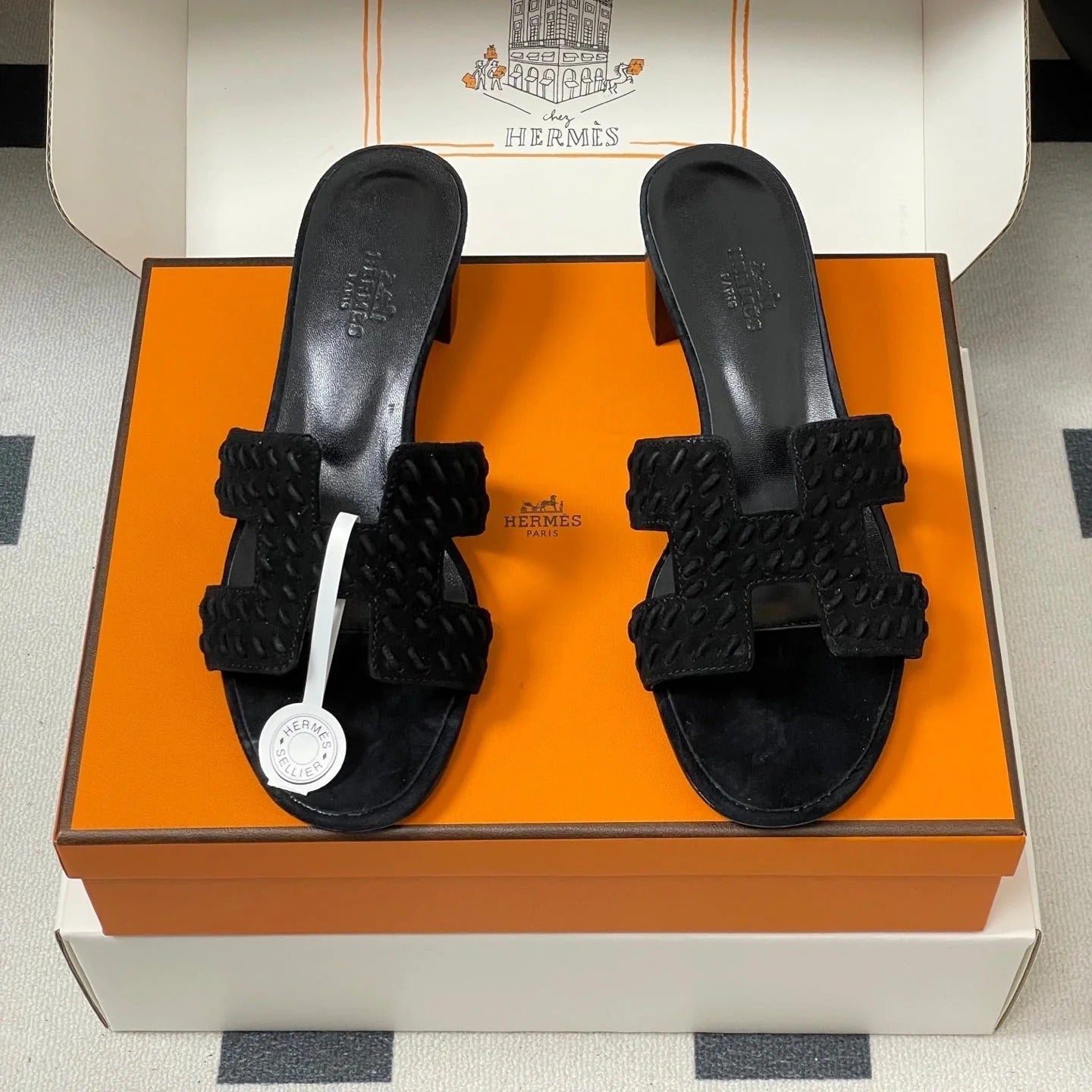 HM 25S ORAN HIGH‑HEEL SANDAL IN BLACK SUEDE AND LAMBSKIN